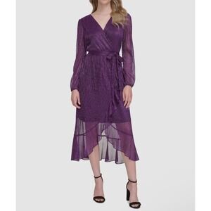 Kensie Iris Purple Shimmer Knit Wrap Midi Dress NWT Size 4‎ Long Sleeve Party